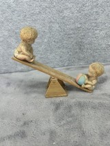 Vintage Wooden See Saw with Two Babies Playing - Dirty! - $11.98