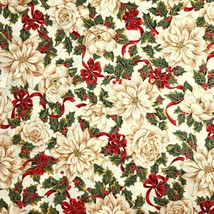 Christmas Floral Fabric Poinsettias Roses Holly and Bows VIP Cranston 100%Cotton - £6.57 GBP