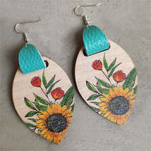 Brown Multicolor Wood &amp; Silver-Plated Sunflower Drop Earrings - £10.51 GBP