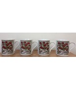 Set 4 Vintage Botanical Coffee Tea Mugs Red Damask Rose Porcelain Japan ... - £47.25 GBP
