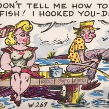 Humorous Vintage Postcard Fishing  Funny Cartoon Art Marriage Wife Husband - $11.96