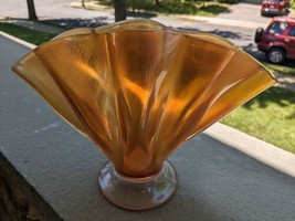 Vintage Iridescent Carnival Stretch Glass Fan Vase Art Deco Marigold  - $75.00