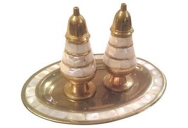 Vintage Brass Salt and Pepper Shaker and Tray  with Mother of Pearl Accents - $185.00