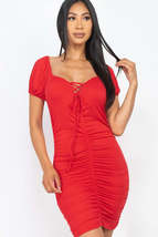 Fiery Red Front Lace Up V Neck Short Sleeve Bodycon Ruched Party Clubwea... - £15.05 GBP