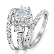 3pc 925 Sterling Silver Halo Princess Wedding Engagement Ring Set 4-10 Simulated - £43.25 GBP
