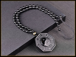 Yin Yang Natural Black Obsidian Crystal Carving Protection Happy Amulet Pendant - £19.74 GBP