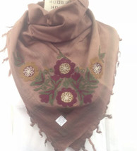 Womens Tan With Wine Embroidered FlowerS Fringed Scarf BOHO New - £15.76 GBP