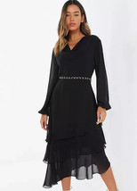 Quiz Noir Mousseline Robe Col Bénitier &amp; Ballon Manches UK 10 (fm94-7) - $39.70