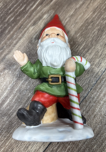 Lefton Bisque Christmas Holiday Gnome Elf Figurine w Candy Cane - $187.15 MXN