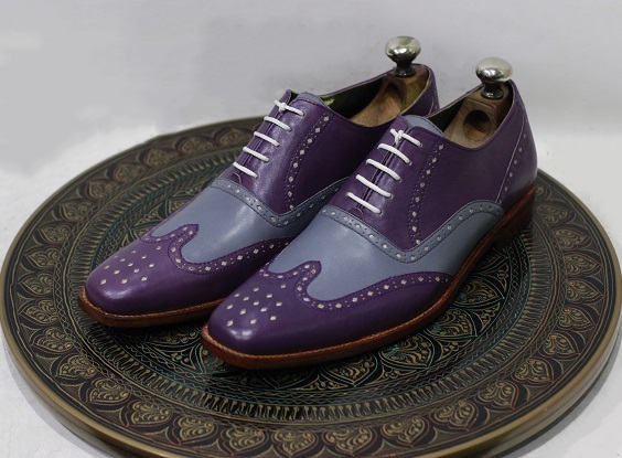 Men's Handmade Formal Leather Shoes Two Tone Purple & Grey Leather Lace Up