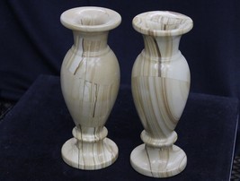 Vintage Onyx Pair Carved Marble Jar White Brown 2 Piece SET, Marble Jar,... - $120.00