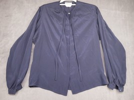 Vintage Calvin Klein 100% Silk Navy Blue Button Blouse Size 10 Neck Tie - £28.87 GBP