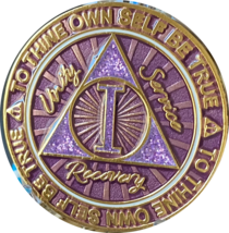1 or 2 Year AA Medallion Cosmic Purple Glitter Gold Plated Sobriety Chip - £11.71 GBP
