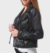 New Women Black Punk Rock Metal Spiked Studded Brando Classic Leather Jacket - £167.85 GBP