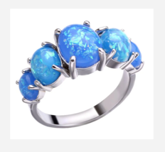 SILVER BLUE OPAL GEMSTONE COCKTAIL RING SIZE 6 7 8 9 10 - £31.49 GBP