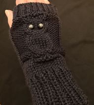 new Navy Blue Owl Knit Fingerless Texting Gloves Night Bird Hooter - $29.00