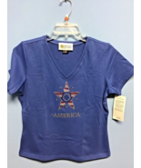 Christine Alexander FITTED vneck blue shirt size M Patriotic star America - $1,377.79 MXN