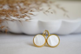 Mother of pearl earrings dangle, Gold and pearl earrings, Cabochon, 10mm, Lever  - £26.02 GBP