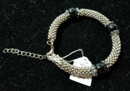 Hand Beaded Black &amp; Silver Glass Bracelet w/ 2&quot; Extender     V1 - $9.75