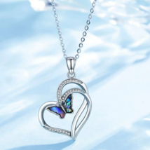 Genuine 925 Sterling Silver Mother of Pearl Blue Butterfly Crystal Heart Pendant - £87.92 GBP