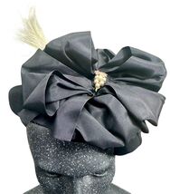 Black Taffeta Hat Large Floral Bow White Feather Rhinestone Embellishmen... - $49.49