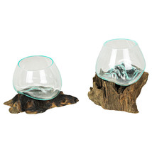 Set of 2 Blown Molten Glass On Teak Driftwood Decorative Bowl Mini Terrarium - £56.94 GBP