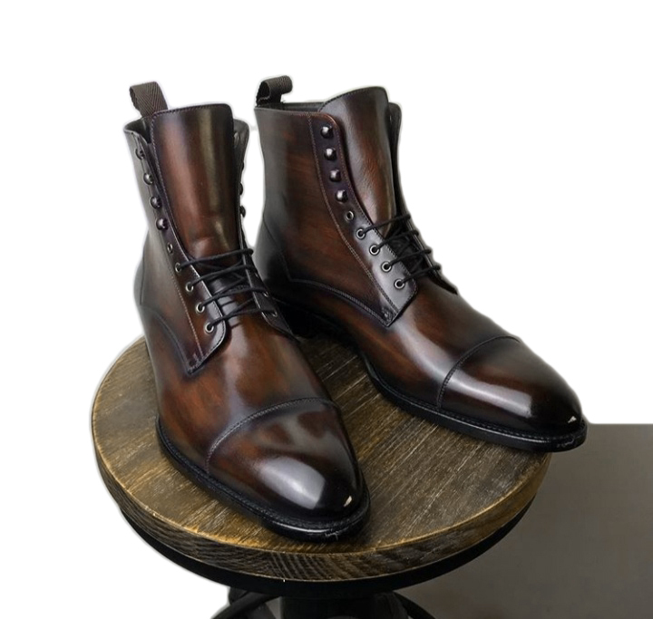 New Handmade Brown Color Ankle High Boot, Mens Leather Cap Toe Lace Up Designer