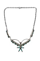Signed Zuni Handmade Sterling Silver Needlepoint Natural Turquoise Bib Necklace - £158.48 GBP