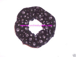 Paw Prints Gray on Black Fabric Hair Scrunchie Scrunchies by Sherry  - £5.58 GBP