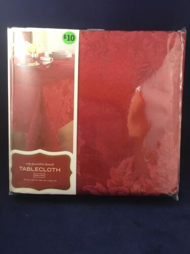 Primary image for Ruby Poinsettia Damask Tablecloth Oblong 60x120 NEW