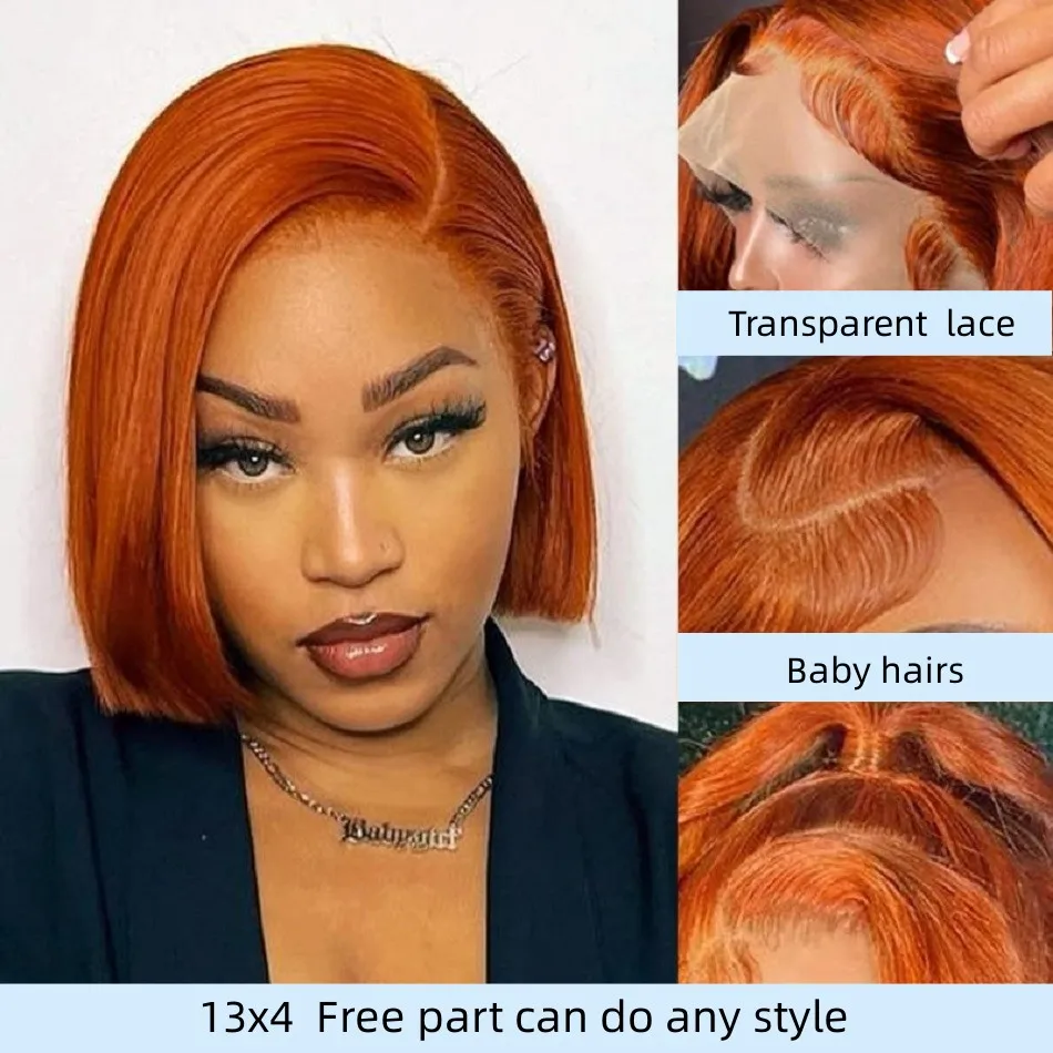 Orange Bob Wigs Human Hair Short Straight Bob Cut Ginger Human Hair W - £50.54 GBP+