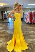 Simple Yellow Satin Long Prom Dress Mermaid Formal Dresses - $142.00