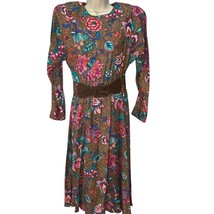 VTG Leslie Fay A-Line Midi Dress Brown Boho Floral Size 10 Belt Long Sle... - £39.06 GBP