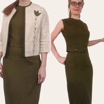 Vintage 60s Green Linen Skirt Set Short Neutral Embroidered Jacket XS 34... - £49.56 GBP