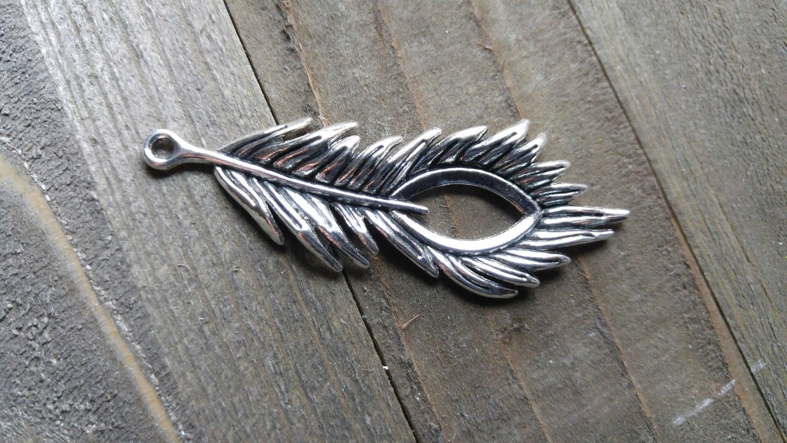 Large Feather Pendant Antiqued Silver Peacock Charm Focal - $1.26