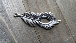 Large Feather Pendant Antiqued Silver Peacock Charm Focal - £1.00 GBP