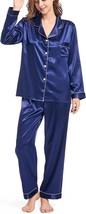 Womens Silk Satin Pajamas Long Sleeve Pj Set Two-piece Sleepwear   (Navy,Size:L) - £19.26 GBP