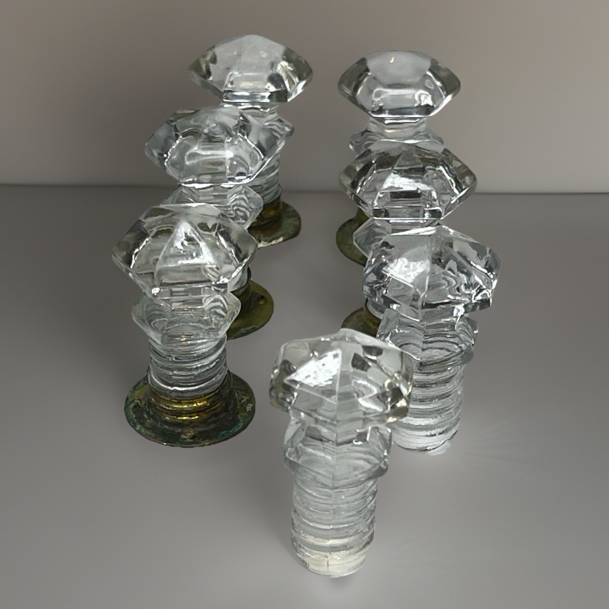 Vintage Glass Drawer Cabinet Knobs Pulls Hexagonal Clear Threaded Base L... - $34.64