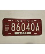 1961 INDIANA Vehicle License Plate 1961 Truck 4000 lbs Tag 86040A IND RED - £23.17 GBP