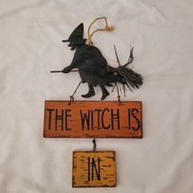Halloween The Witch Is In/Out Wall Door Hanging Decor Flying Witch On Br... - £14.00 GBP