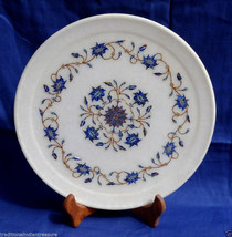 10&quot; Decorative White Marble Plate Lapis Lazuli Gems Inlay Marquetry Gift... - £270.12 GBP