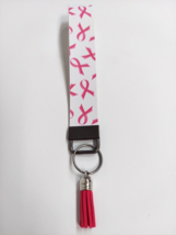 Wristlet Key Fob Keychain Faux Leather Pink Ribbon Breast Cancer with Tassel New - £5.39 GBP
