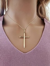 Solid 925 Silver Large Cross Religious Pendant Necklace 14K Yellow Gold Over - £70.38 GBP