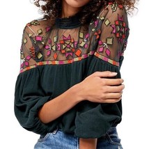Free People Monday Morning Top Blouse Mesh Embroidery Mock Neck Black M ... - £73.53 GBP