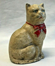Vtg Cast Iron Still Bank Cat Figure Red Bow Blue Eyes Savings Bank Coin - $99.95