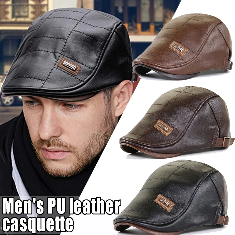 Spring Summer Men Fashion Retro PU Leather Beret Hats Leather Beret Hat - £9.07 GBP+