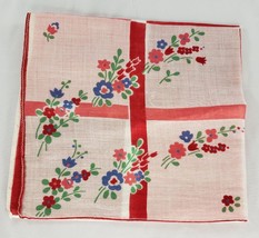 Vintage Linen Floral Handkerchief Red White Blue Square Geometric Flowers - £25.96 GBP