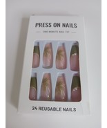 Green Flower Press on Nails Medium Length Fake Nails Green French Tip Pearl - $137.46 MXN
