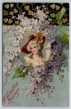 Valentine Greeting Victorian Woman Flowers Golden Hearts Postcard X24 - £5.53 GBP