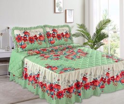 MARISOL FLOWERS GREEN DECORATIVE BEDSPREAD SET WITH RUFLES 3PCS QUEEN SIZE - $44.54